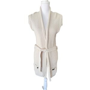American Rag Cie Beige Open Front Knit Cardigan Vest Belted Pockets Size L